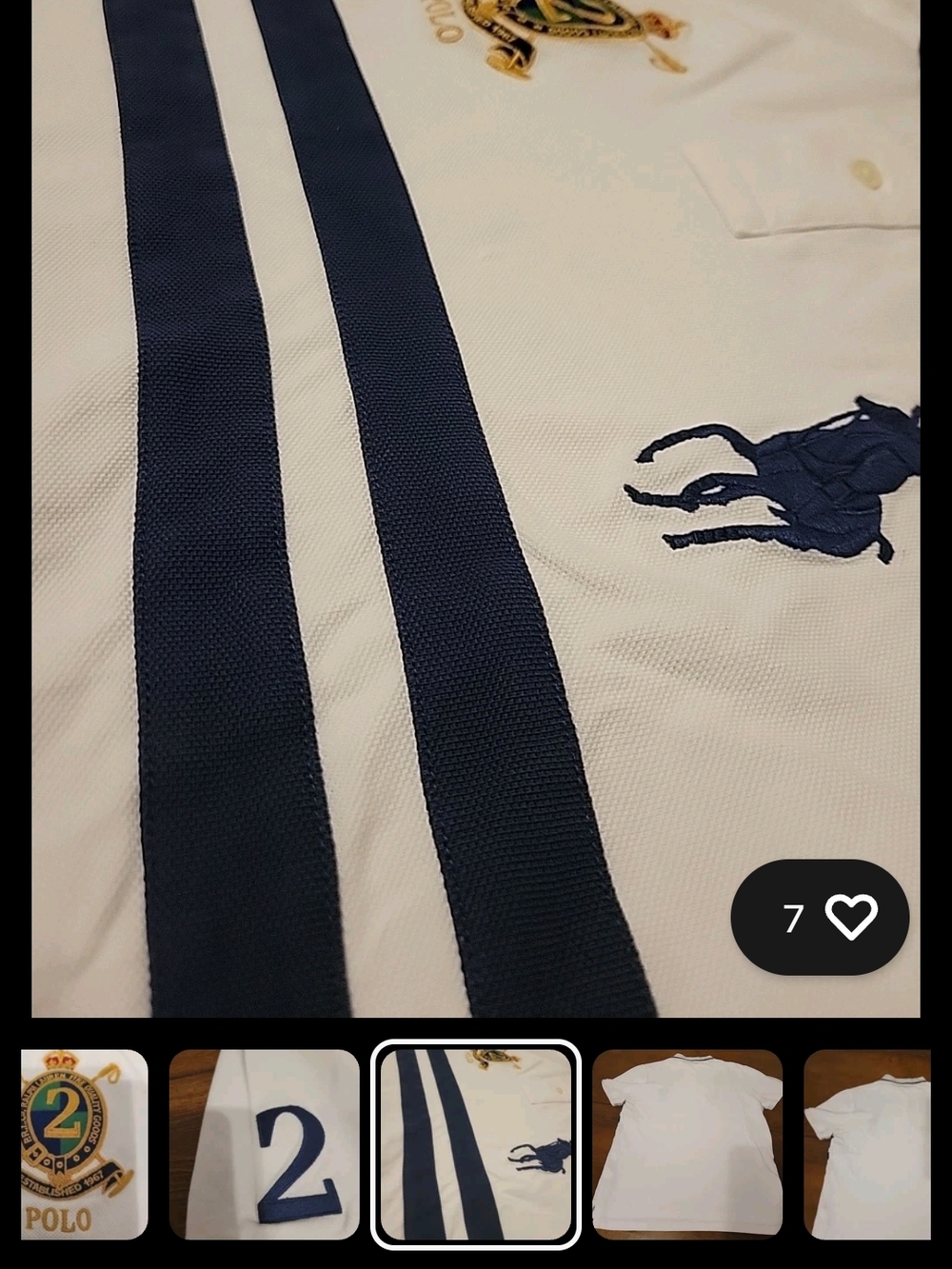 Ralph Lauren White Polo Shirt with Navy Stripes & Pony Logo - Picture 8 of 10